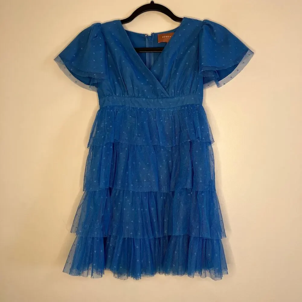 JESSAKAE Havana Girls Dress Blue Swiss Dot Tiered Tulle 6/7